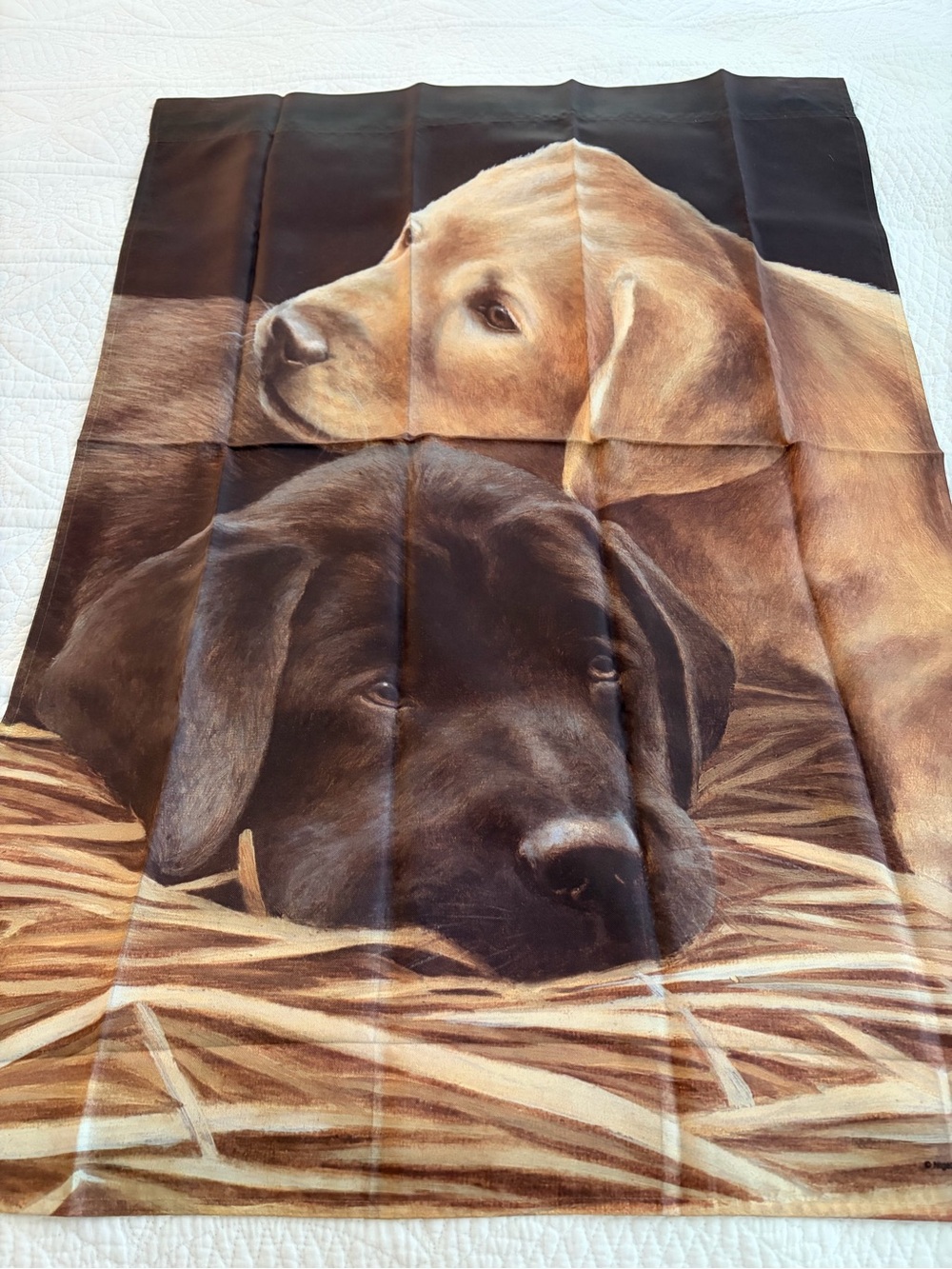 NIGEL HEMMING Applejack Licensing. Choc & Yellow Labradors House Flag. 29”Wx41”L